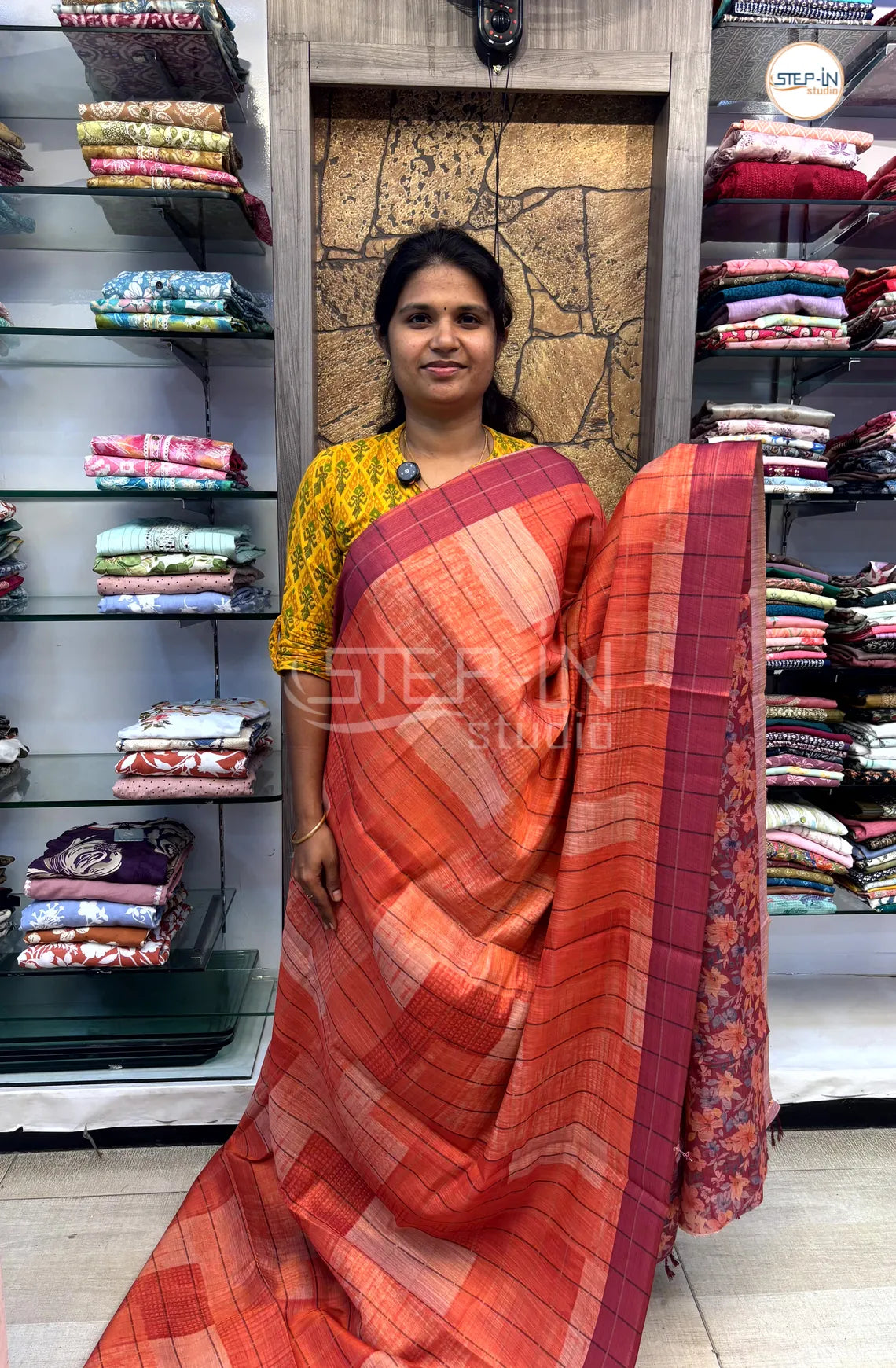 Soft Khadi Cotton Saree With Shibori Printed With Contrast Pallu & Blouse - Orange