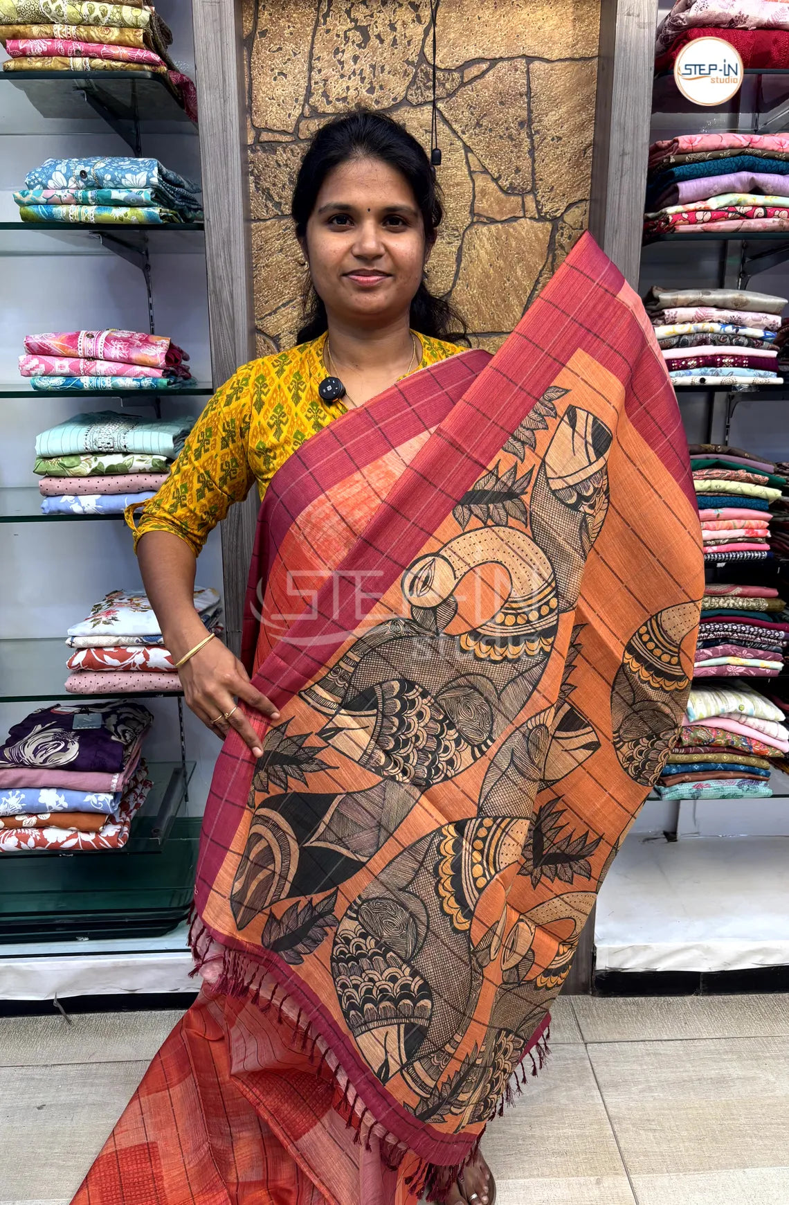 Soft Khadi Cotton Saree With Shibori Printed With Contrast Pallu & Blouse - Orange
