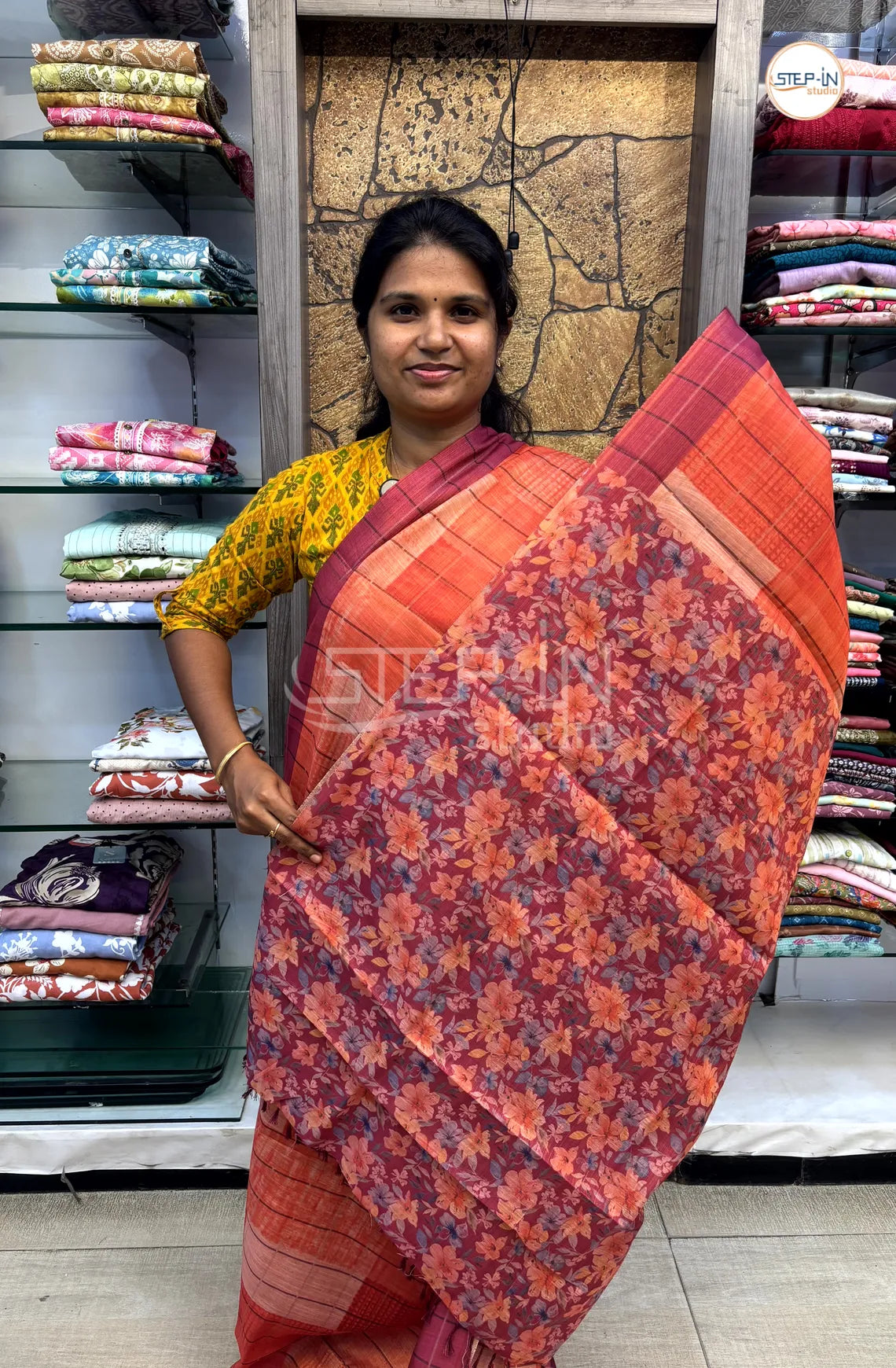 Soft Khadi Cotton Saree With Shibori Printed With Contrast Pallu & Blouse - Orange