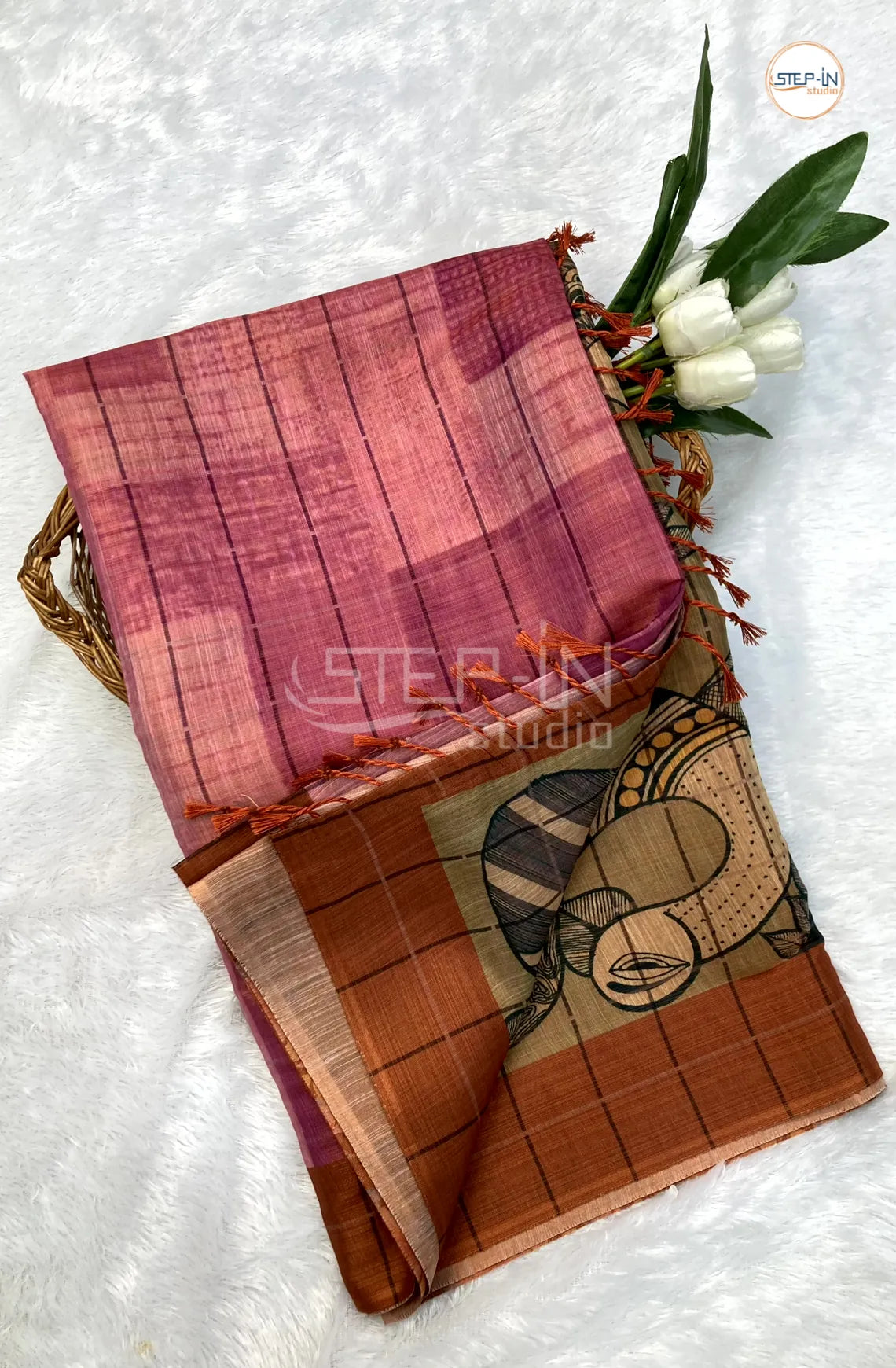Soft Khadi Cotton Saree With Shibori Printed With Contrast Pallu & Blouse - Pink
