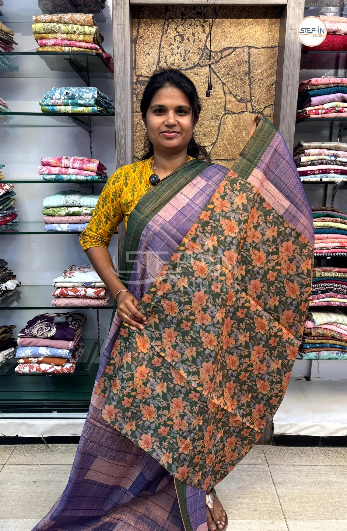 Soft Khadi Cotton Saree With Shibori Printed With Contrast Pallu & Blouse - Purple