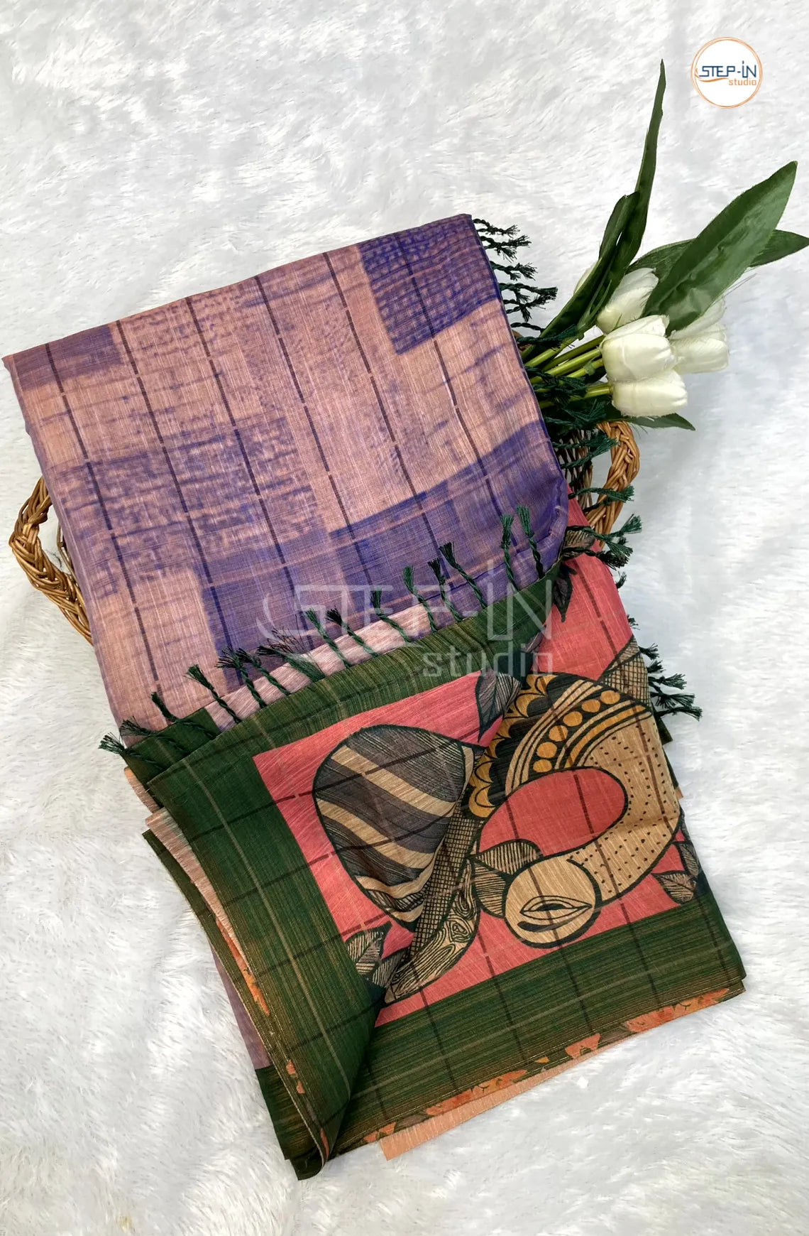 Soft Khadi Cotton Saree With Shibori Printed With Contrast Pallu & Blouse - Purple