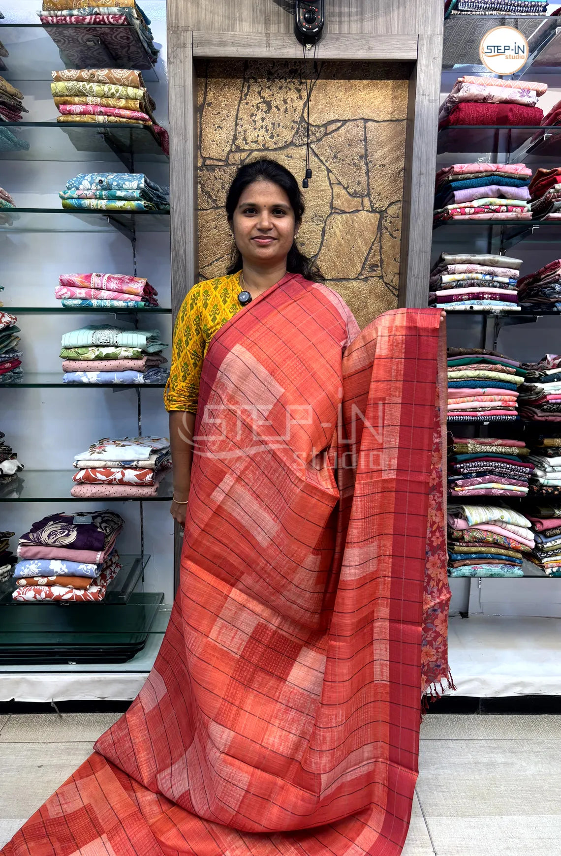 Soft Khadi Cotton Saree With Shibori Printed With Contrast Pallu & Blouse - Red