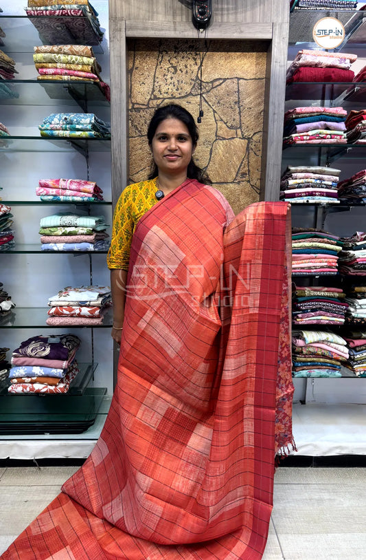 Soft Khadi Cotton Saree With Shibori Printed With Contrast Pallu & Blouse - Red