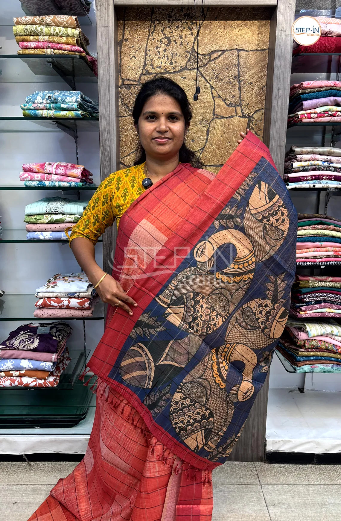 Soft Khadi Cotton Saree With Shibori Printed With Contrast Pallu & Blouse - Red