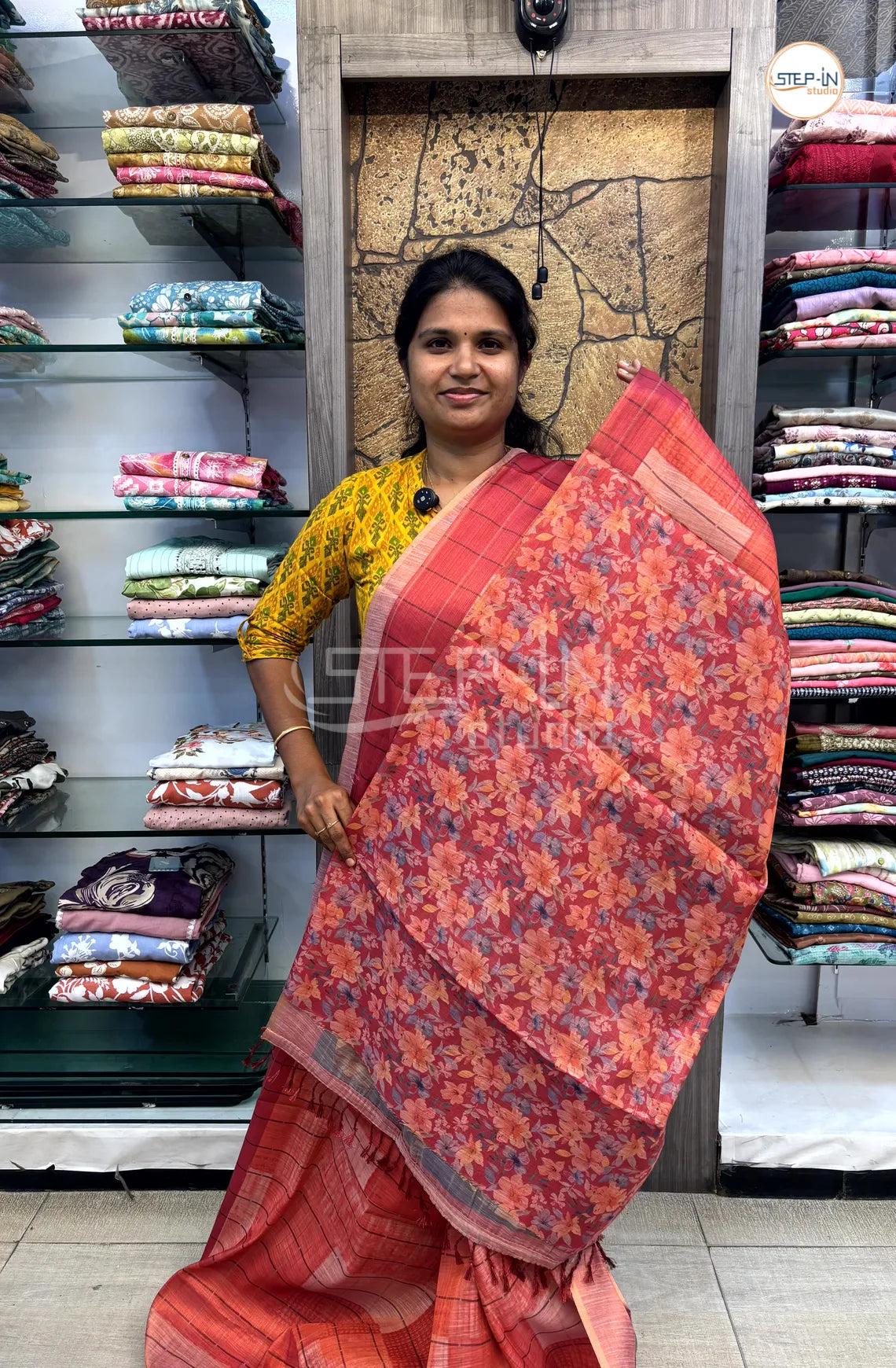 Soft Khadi Cotton Saree With Shibori Printed With Contrast Pallu & Blouse - Red