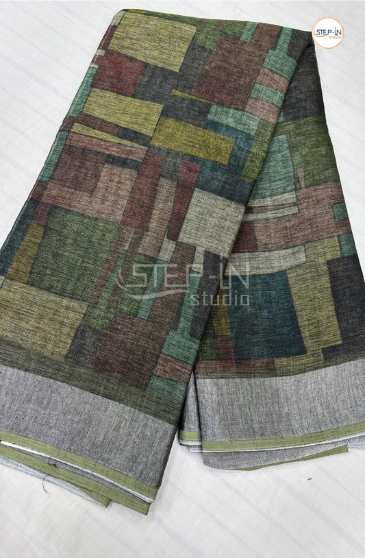 Soft Linen Cotton Saree-Olive Green