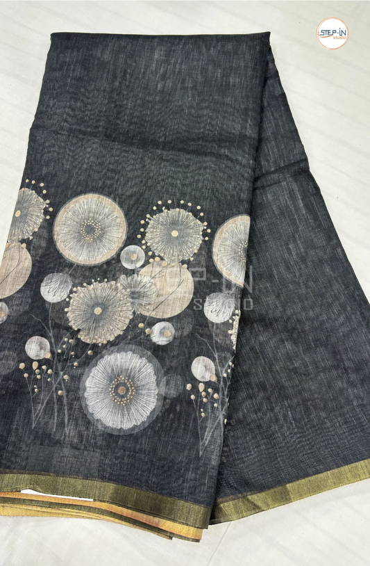 Soft Linen Printed Cotton Saree-Black
