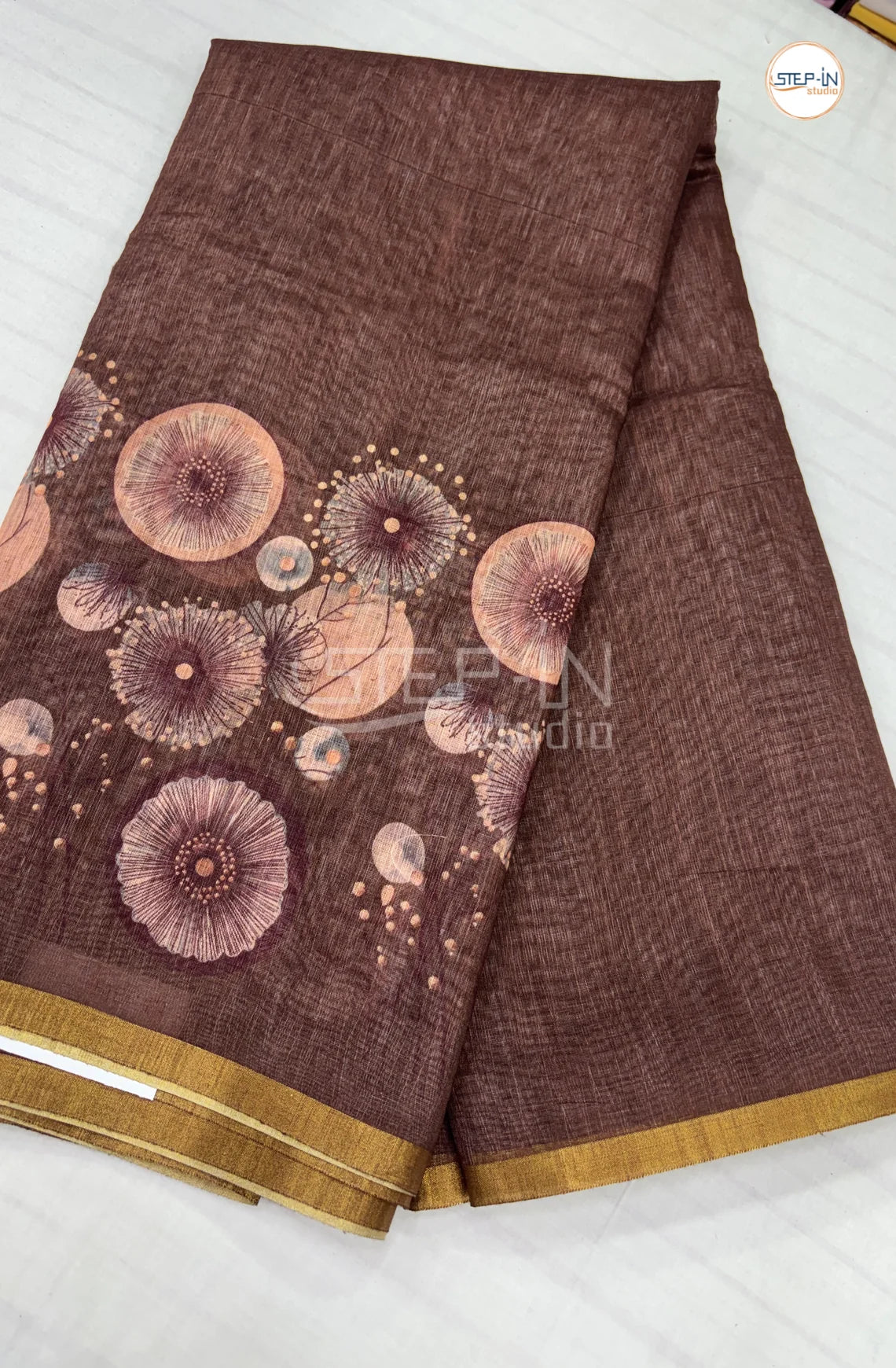 Soft Linen Printed Cotton Saree-Coffe Brown