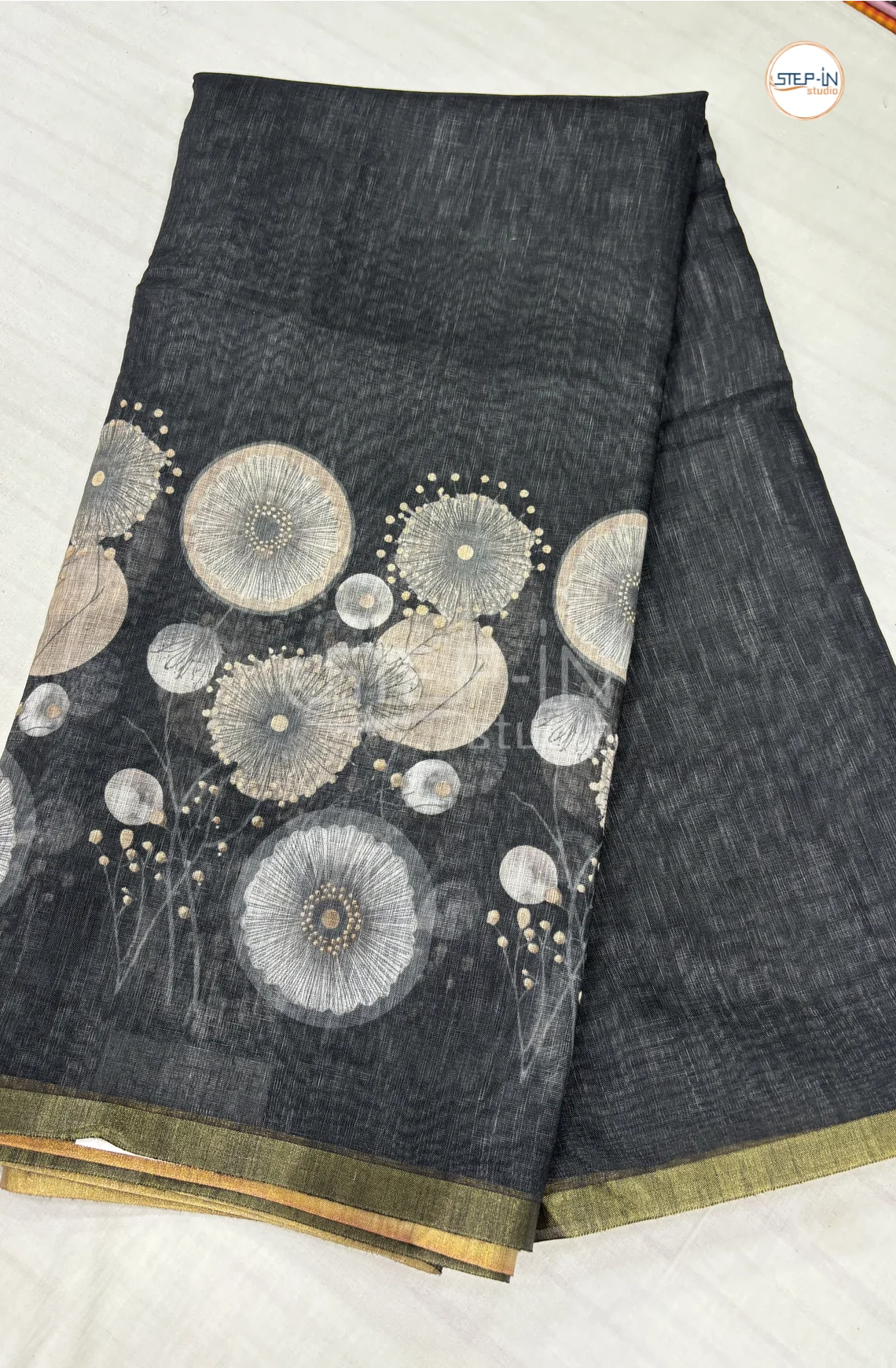 Soft Linen Printed Cotton Saree-Dark Grey