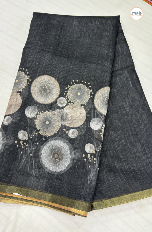 Soft Linen Printed Cotton Saree-Dark Grey