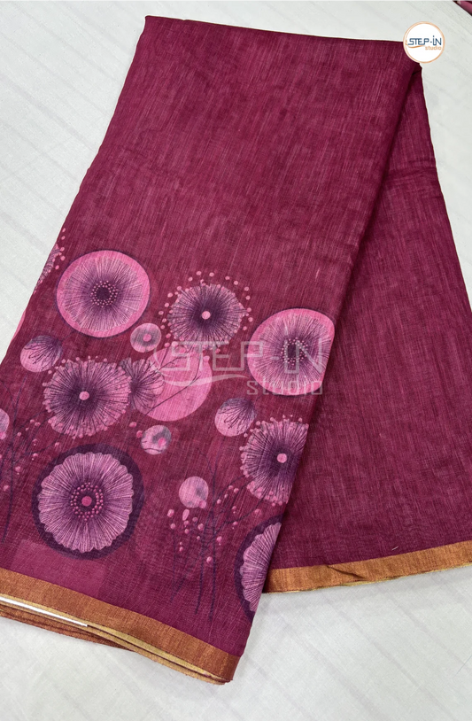 Soft Linen Printed Cotton Saree-Pink