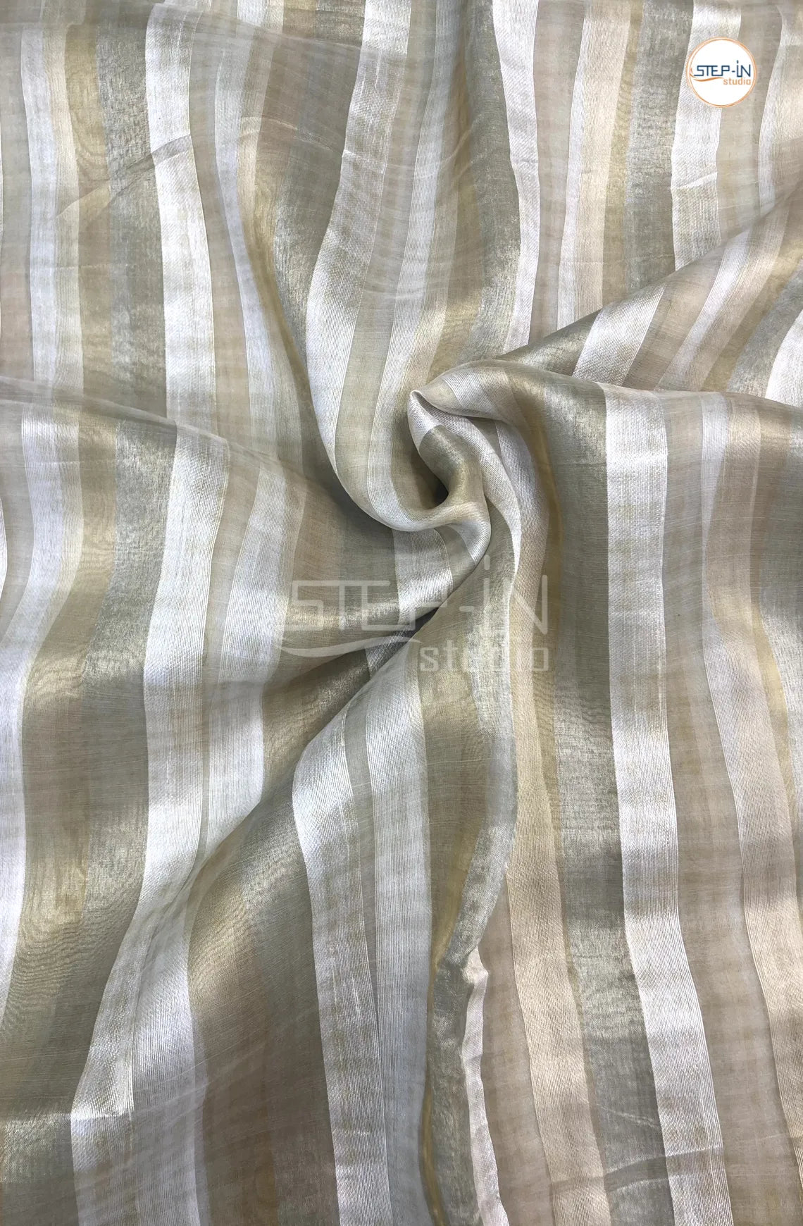 Soft Pine Green & Off White Striped Design Organza Saree With Running Pallu and Lace Border & Contrast Jamki Work Blouse