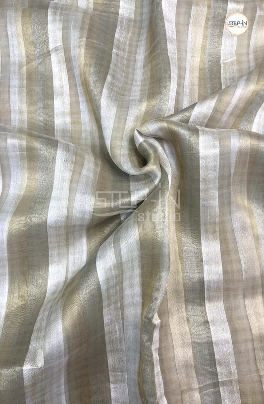 Soft Pine Green & Off White Striped Design Organza Saree With Running Pallu and Lace Border & Contrast Jamki Work Blouse