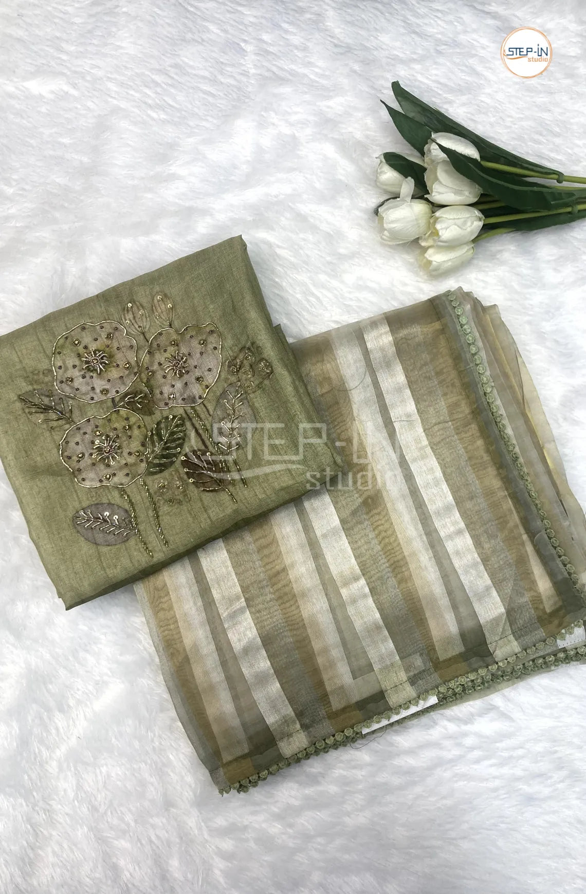 Soft Pine Green & Off White Striped Design Organza Saree With Running Pallu and Lace Border & Contrast Jamki Work Blouse