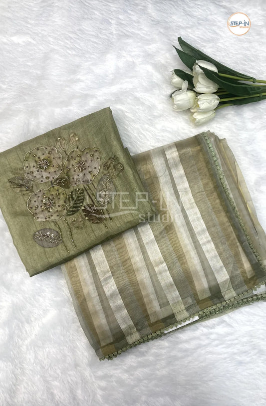 Soft Pine Green & Off White Striped Design Organza Saree With Running Pallu and Lace Border & Contrast Jamki Work Blouse