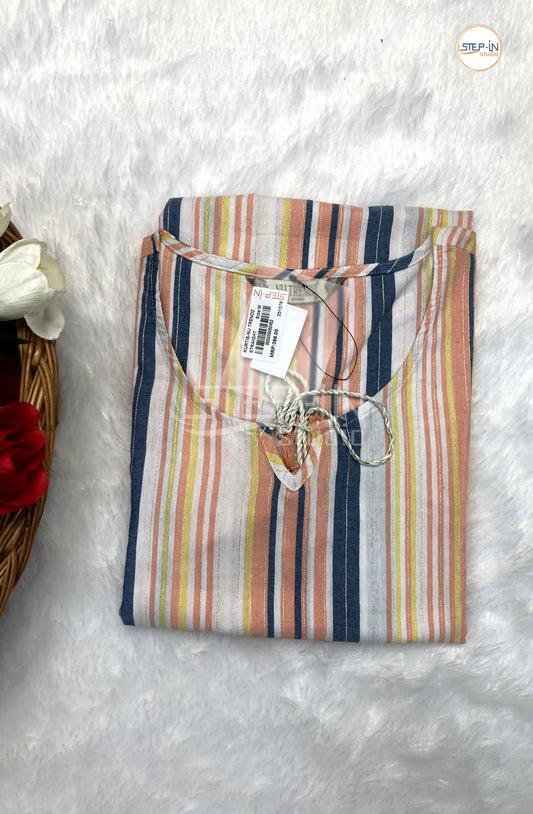 Striped Cotton Tie-up Neck Top - White & Orange