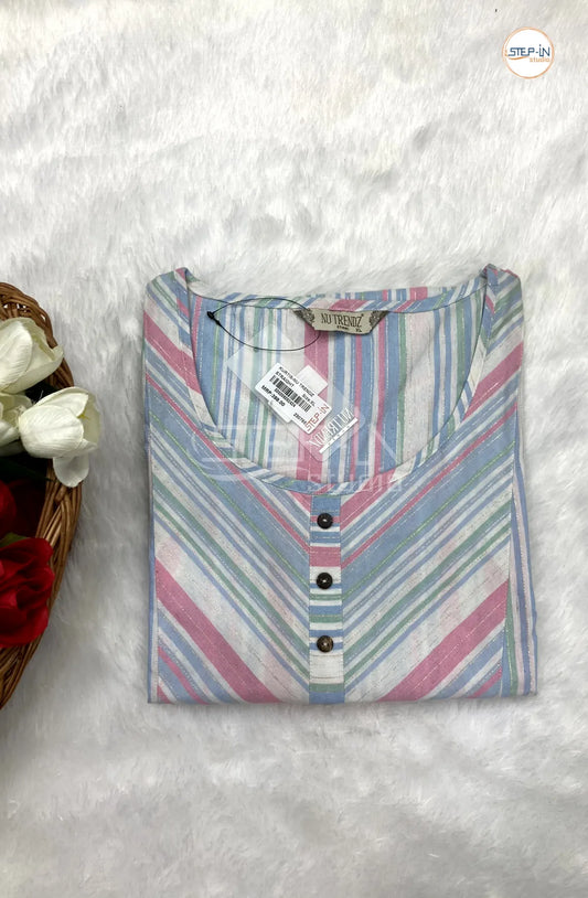 Striped Pure Cotton Top - White &  Stone Blue