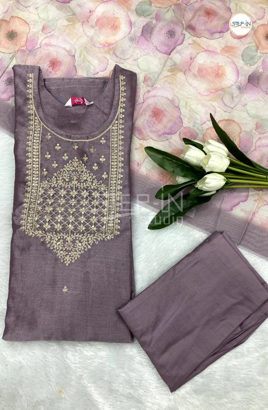 Tissue Embroidery Neck Work Design Kurta With Straight pant & Contrast Digital Print Dupatta-Muted Purple