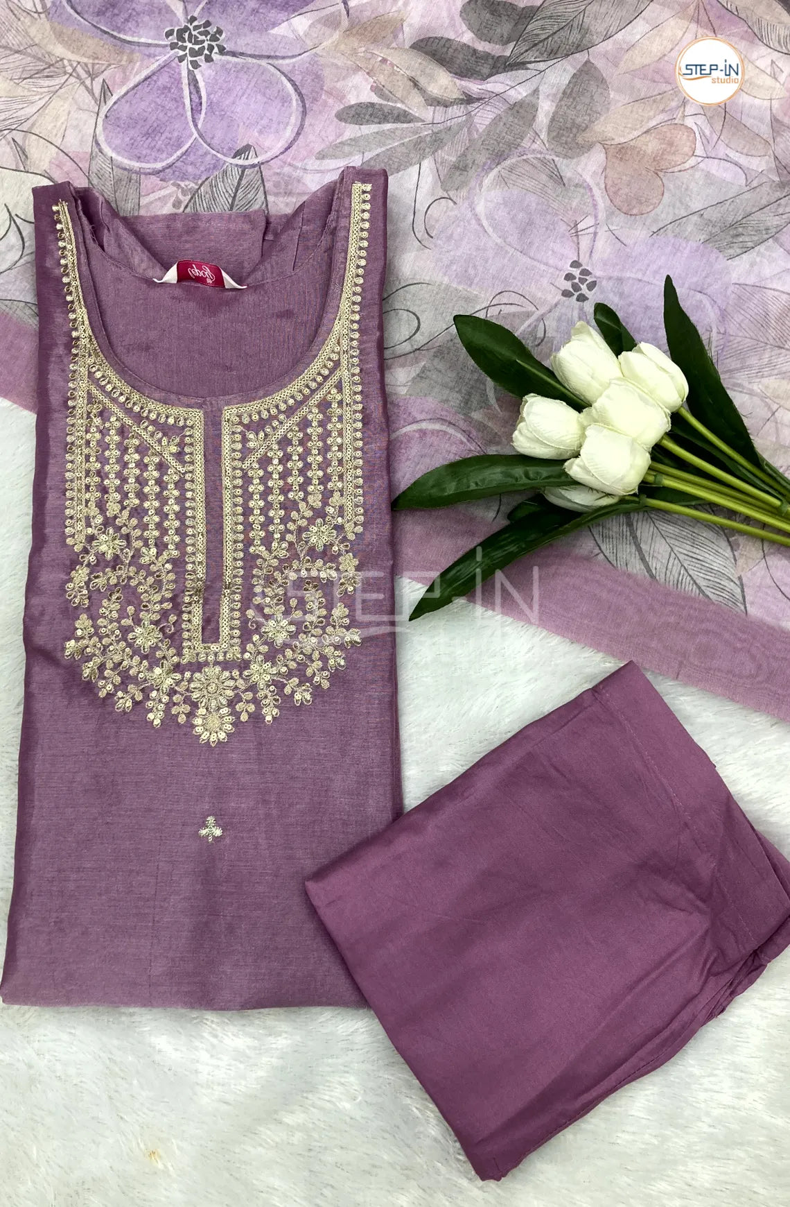 Tissue Embroidery Neck Work Design Kurta With Straight pant & Contrast Digital Print Dupatta-Purple