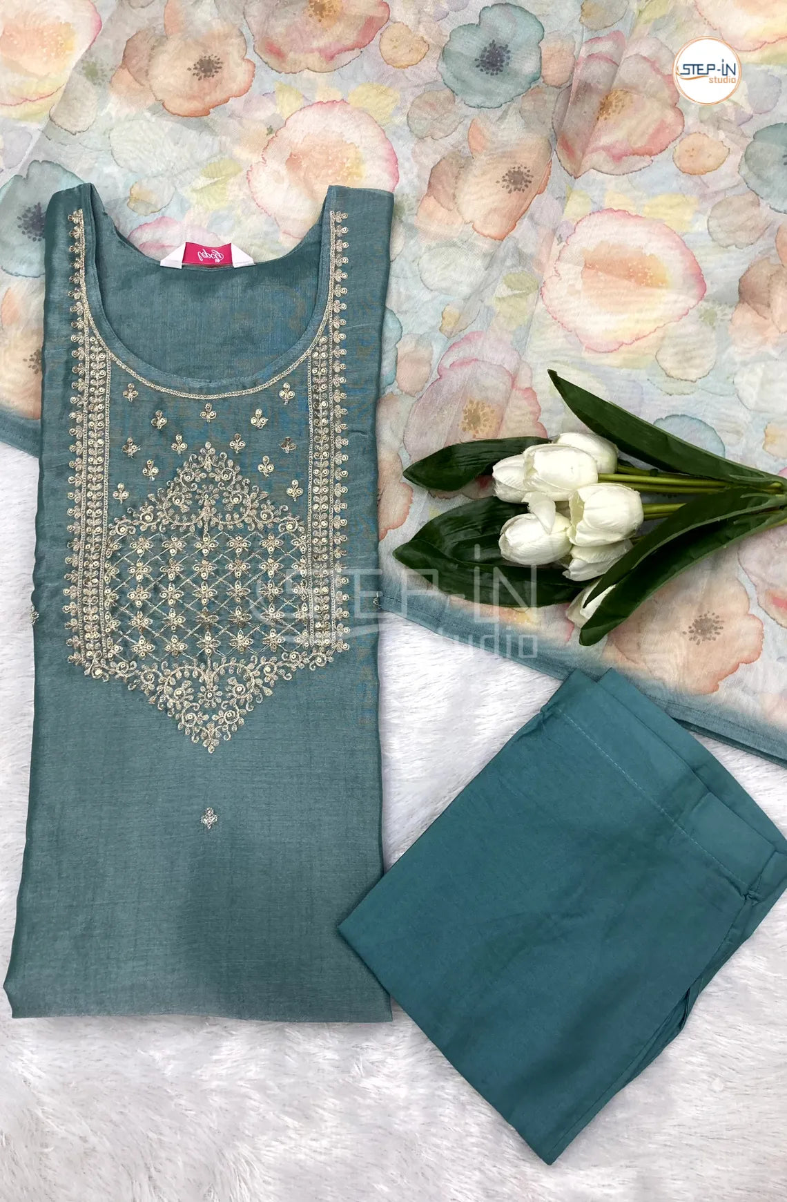 Tissue Embroidery Neck Work Design Kurta With Straight pant & Contrast Digital Print Dupatta- Sea green