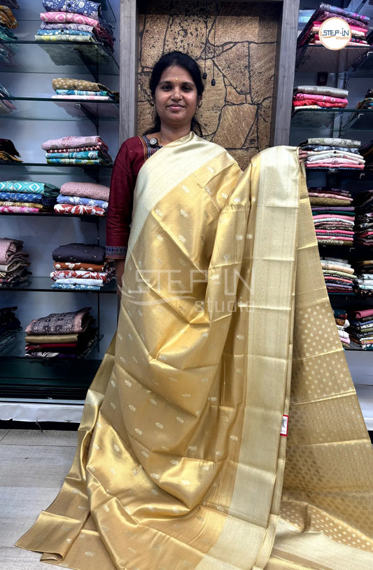 Tissue Gold Zari Weaving Saree With Self Pallu & Blouse - Gold