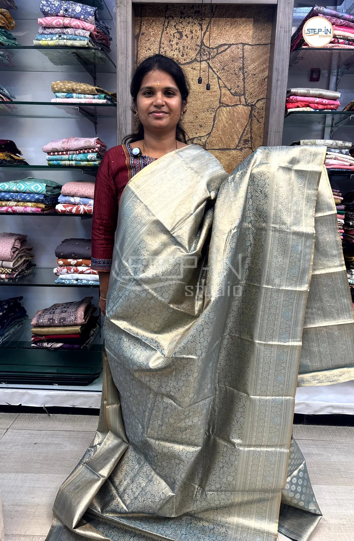 Tissue Silver Zari Weaving Saree With Self Pallu & Blouse - Blue