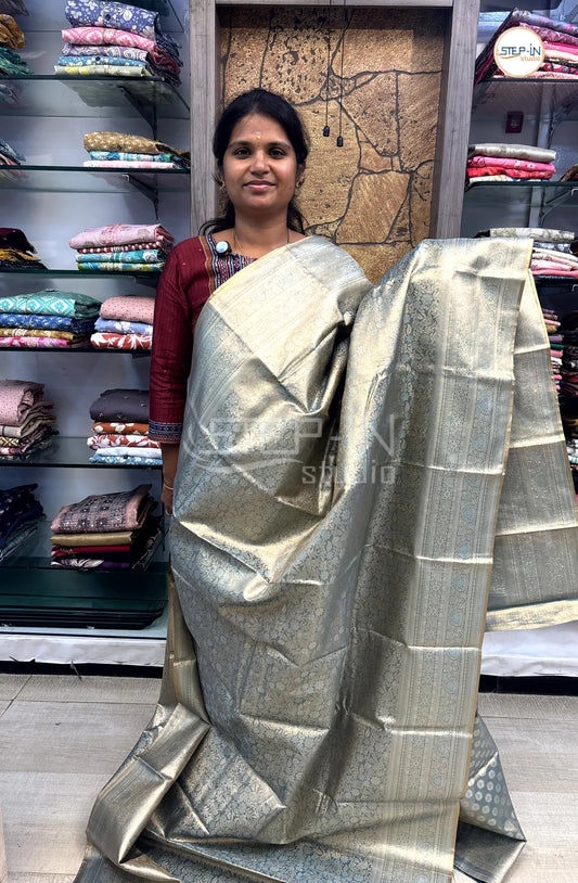 Tissue Silver Zari Weaving Saree With Self Pallu & Blouse - Blue