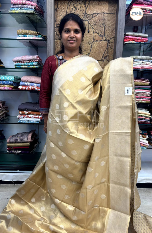 Tissue Silver Zari Weaving Saree With Self Pallu & Blouse - Pastel white