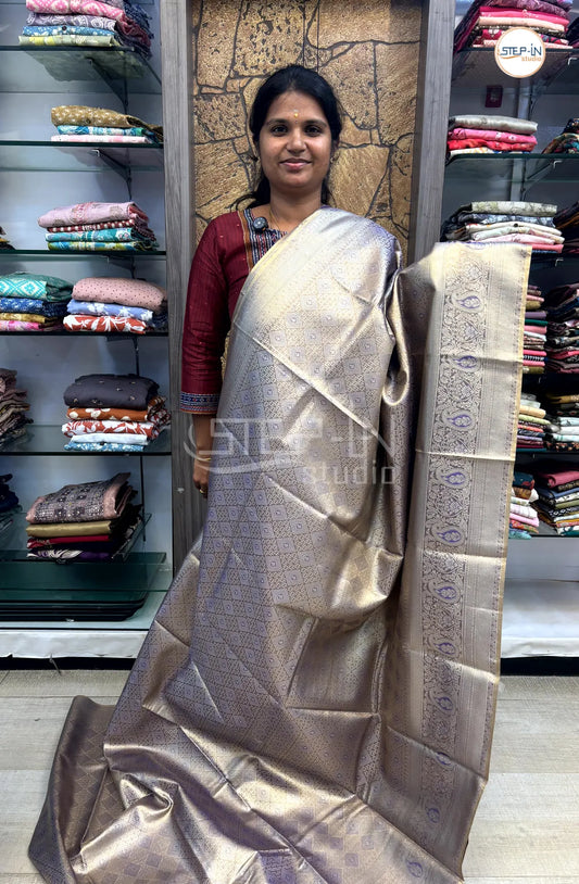 Tissue Silver Zari Weaving Saree With Self Pallu & Blouse - Purple