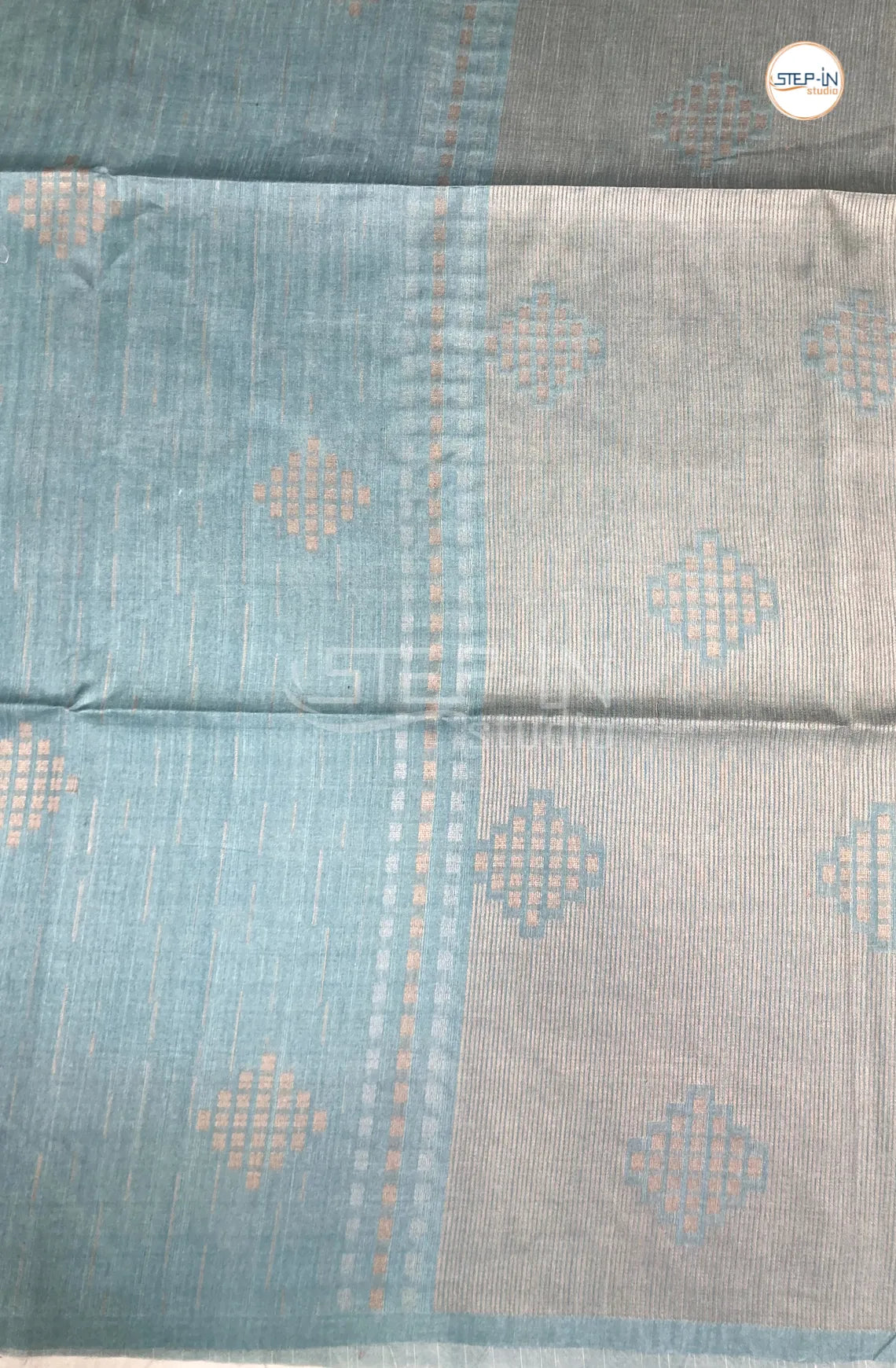 Tusser Silk Border Less Thread Weaving Saree - Teal Blue