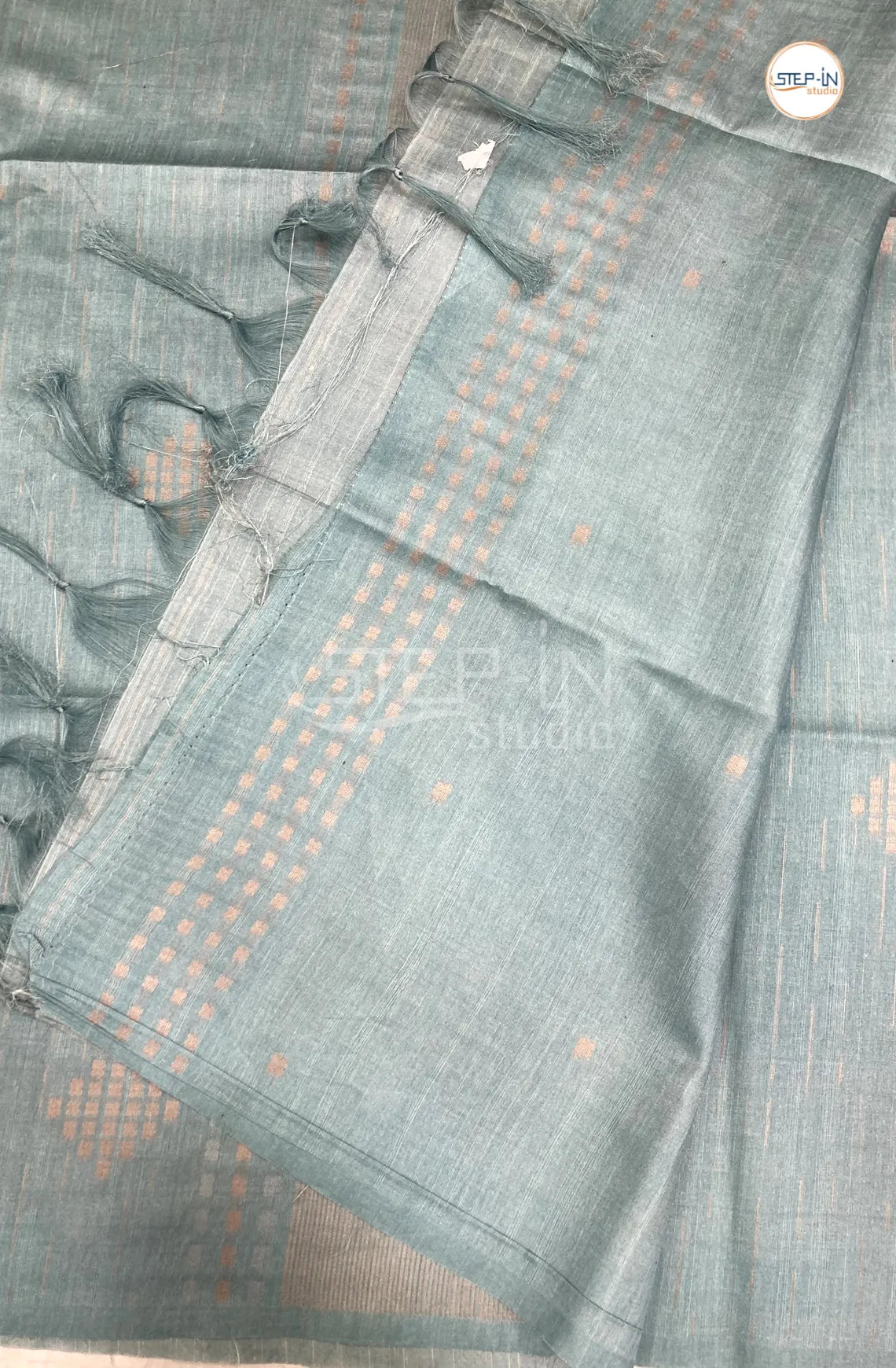 Tusser Silk Border Less Thread Weaving Saree - Teal Blue
