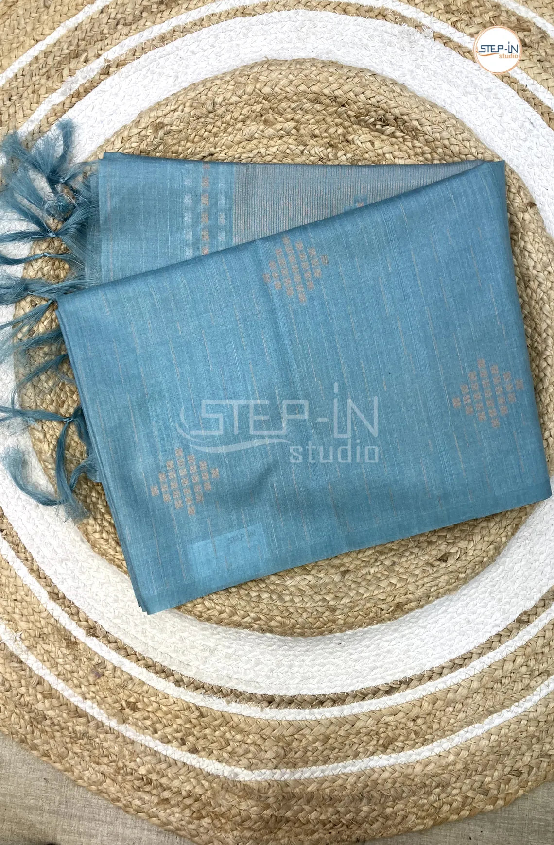 Tusser Silk Border Less Thread Weaving Saree - Teal Blue