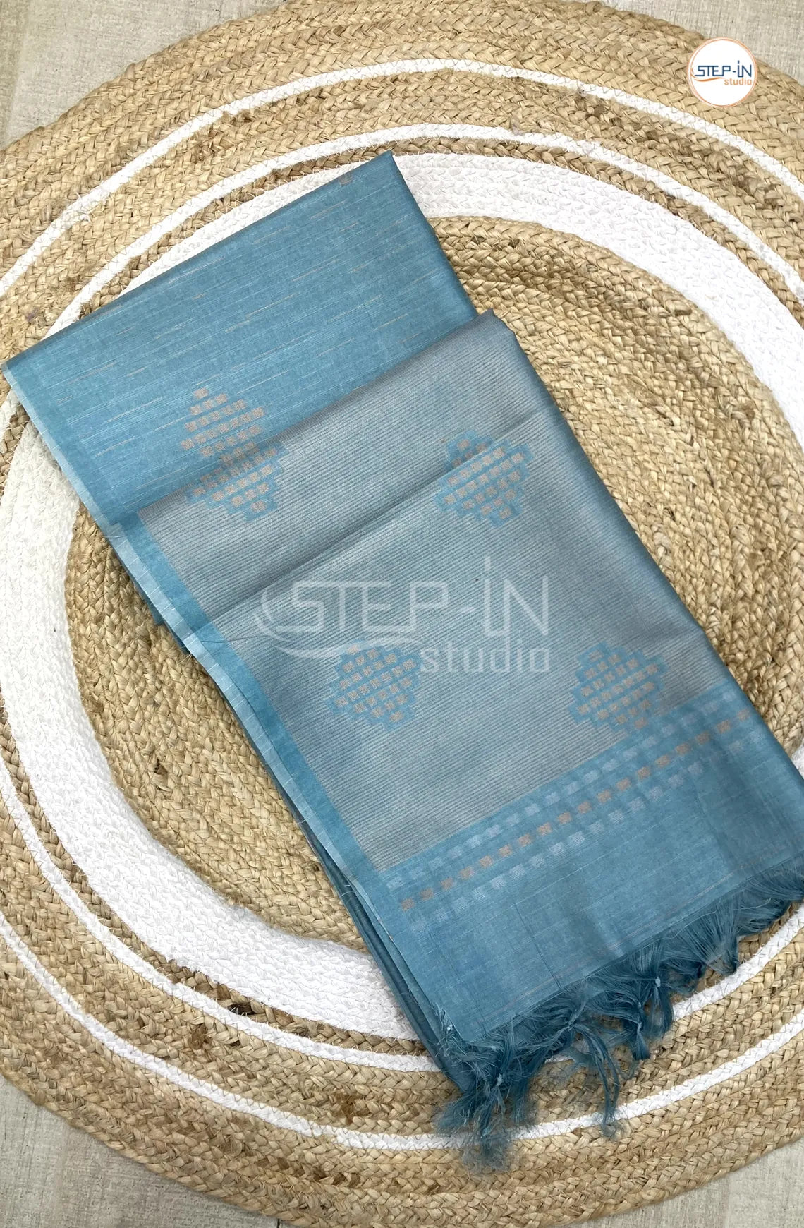 Tusser Silk Border Less Thread Weaving Saree - Teal Blue