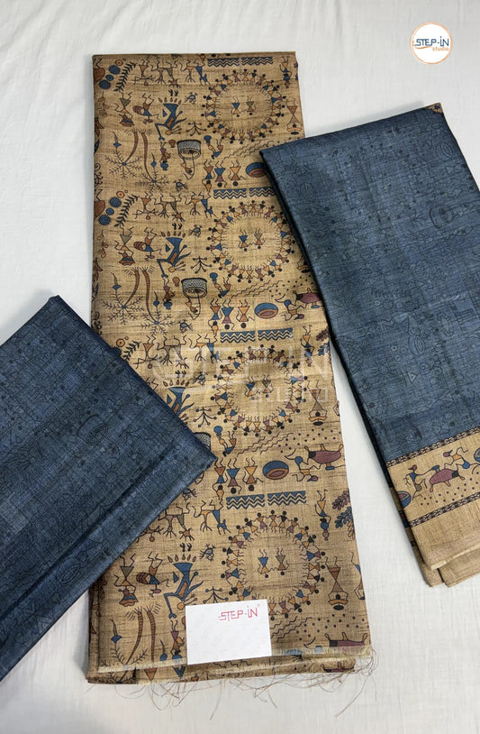 Varli Printed Tusser Salwar Material-Blue