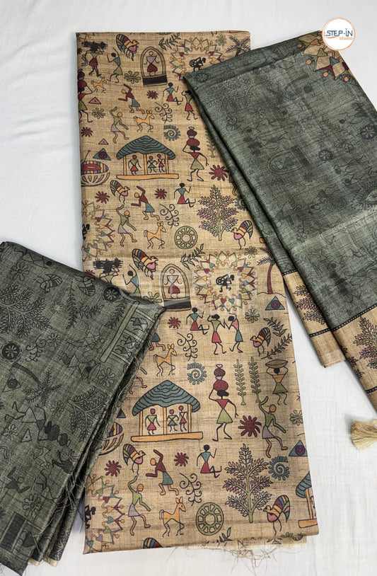 Varli Printed Tusser Salwar Material-Green