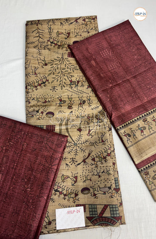 Varli Printed Tusser Salwar Material-Marron