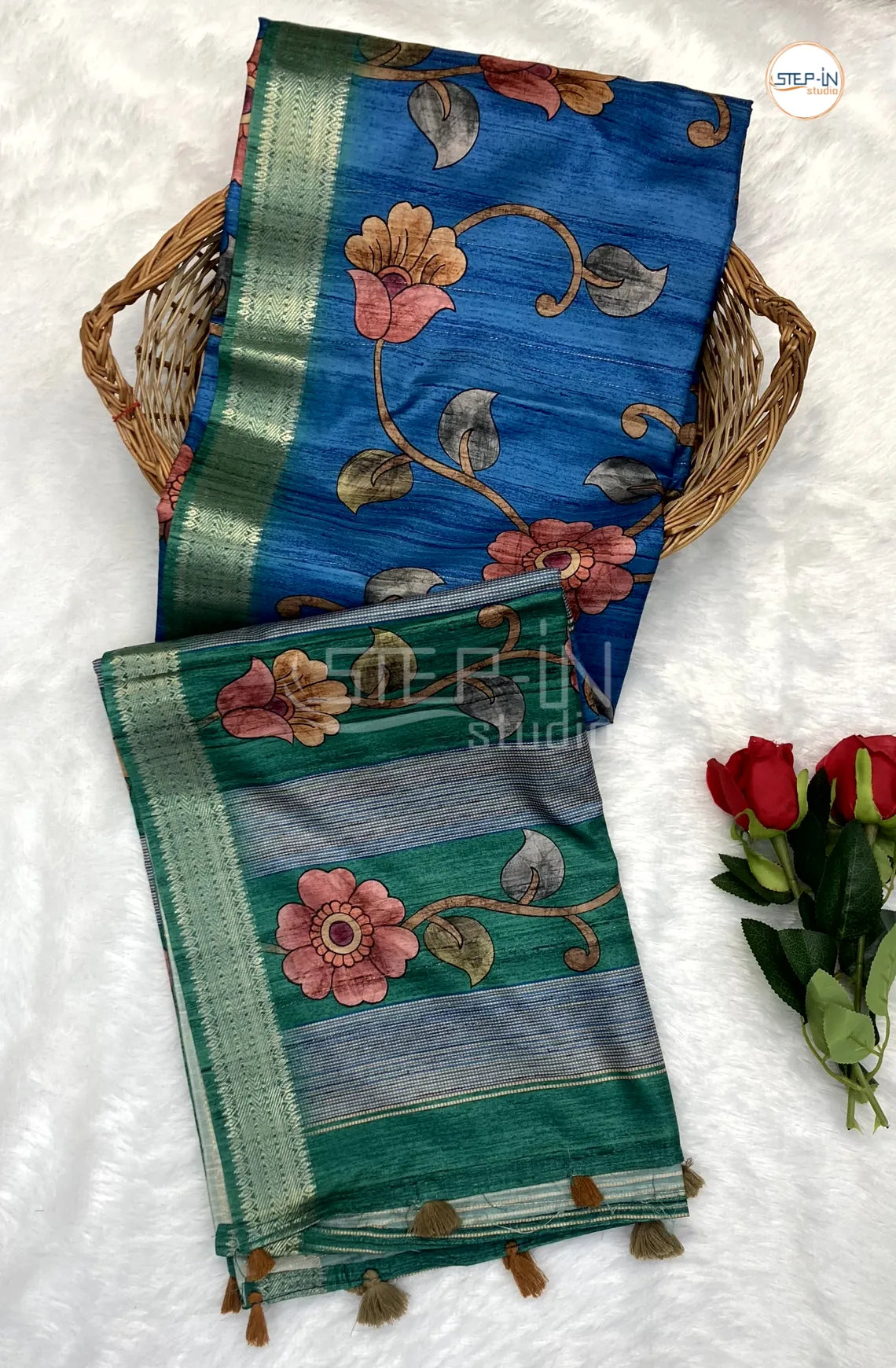 Vivid Blue & Celadon Green Kalamkari Print Tussar Saree With Flower Print Contrast Pallu & Zari Border and Contrast Blouse