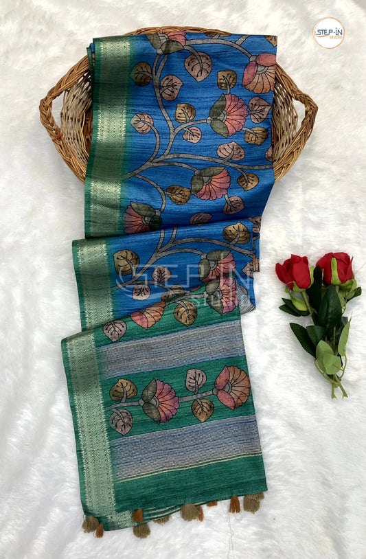 Vivid Blue & Celadon Green Kalamkari Print Tussar Saree With Flower Print Contrast Pallu & silver Zari Border and Contrast Blouse