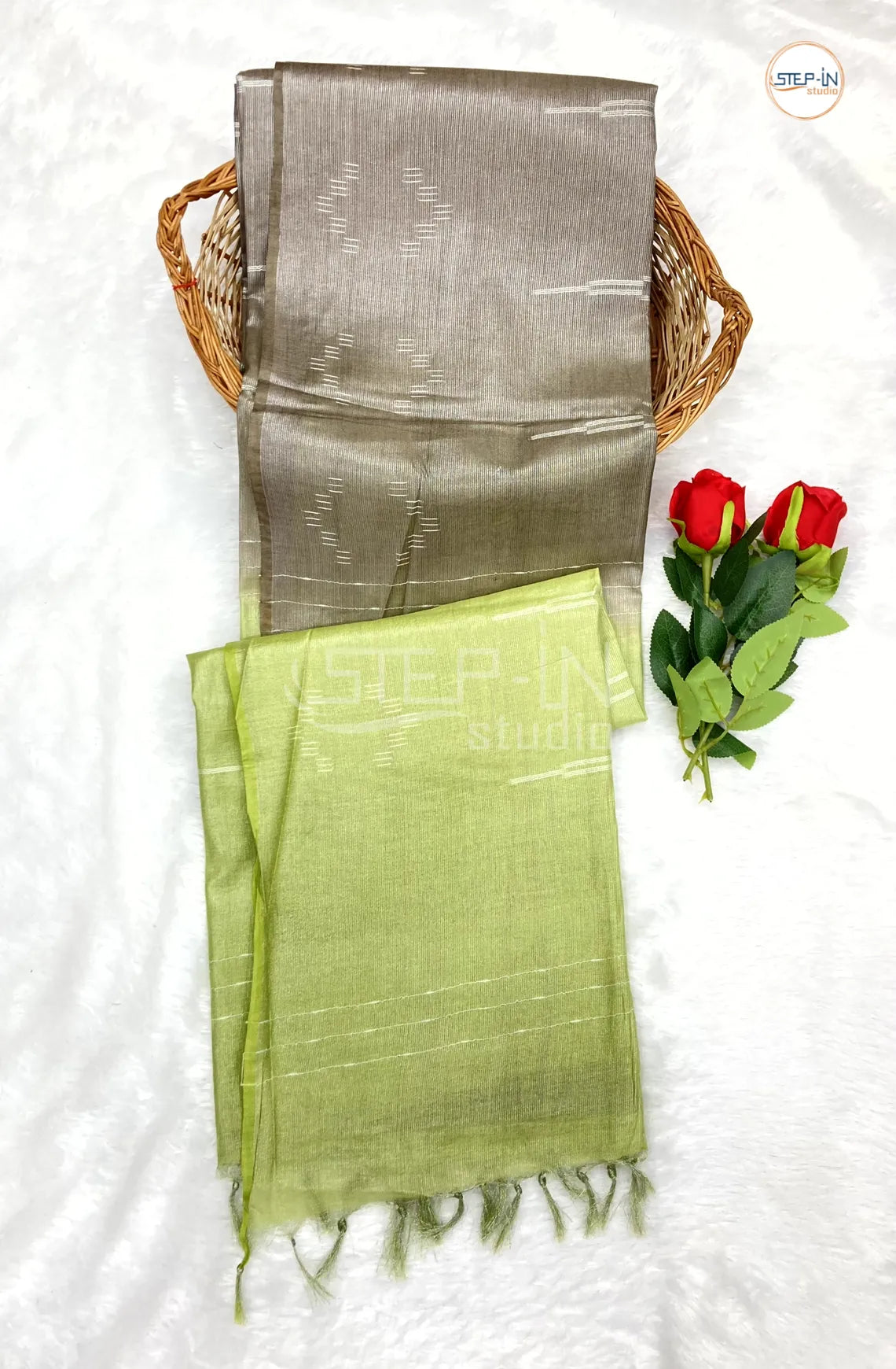 Warm Grey & Lime Green Ikat design Saree With Ikat Design Contrast Pallu & Blouse