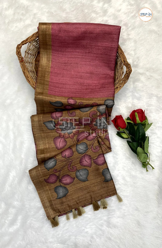 Wild rode & Pecan Brown PlainTussar Saree With Kalamkari Print Contrast Pallu & Border and Contrast Blouse