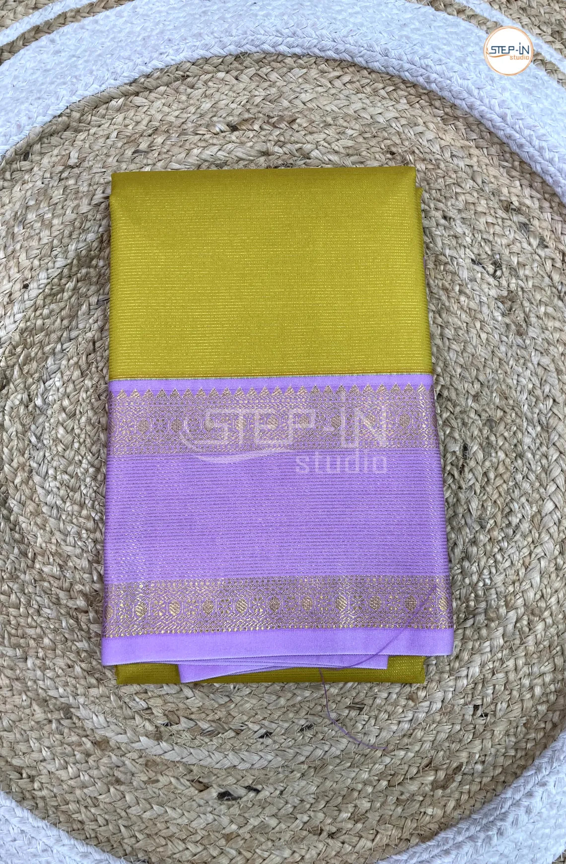 Yellow Semi Kanchi Silk Saree With Lavender Contrast Zari Border