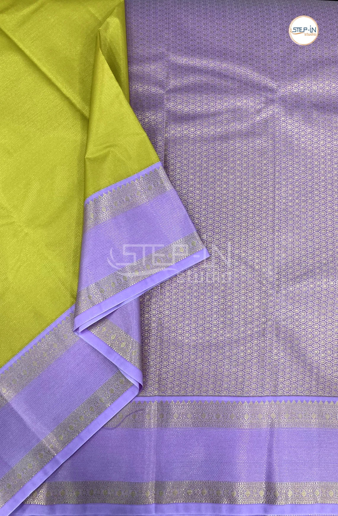 Yellow Semi Kanchi Silk Saree With Lavender Contrast Zari Border