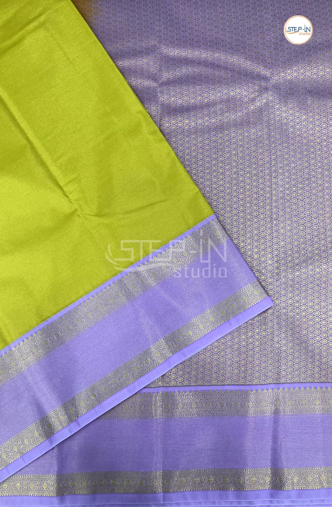 Yellow Semi Kanchi Silk Saree With Lavender Contrast Zari Border