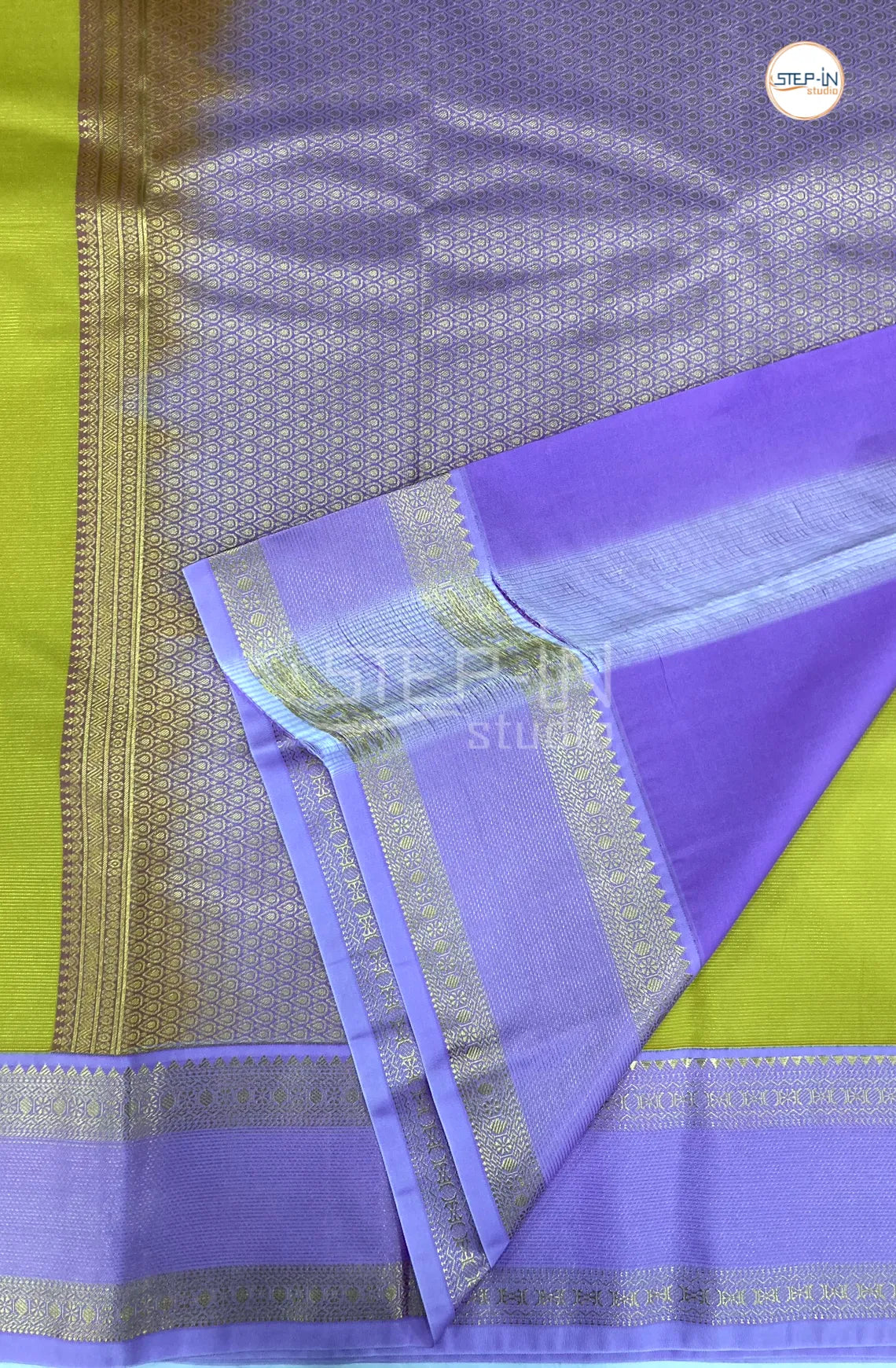 Yellow Semi Kanchi Silk Saree With Lavender Contrast Zari Border