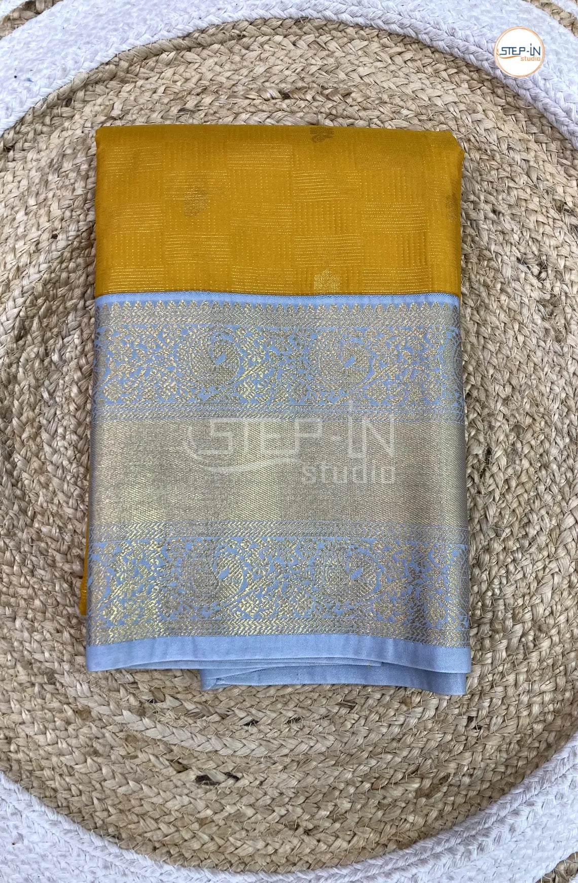 Yellow Semi Kanchi Silk Saree With Silver Grey Contrast Zari Border