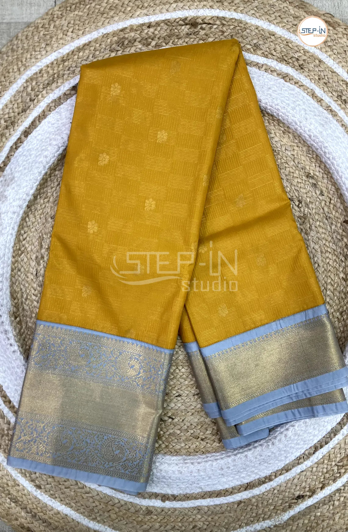 Yellow Semi Kanchi Silk Saree With Silver Grey Contrast Zari Border