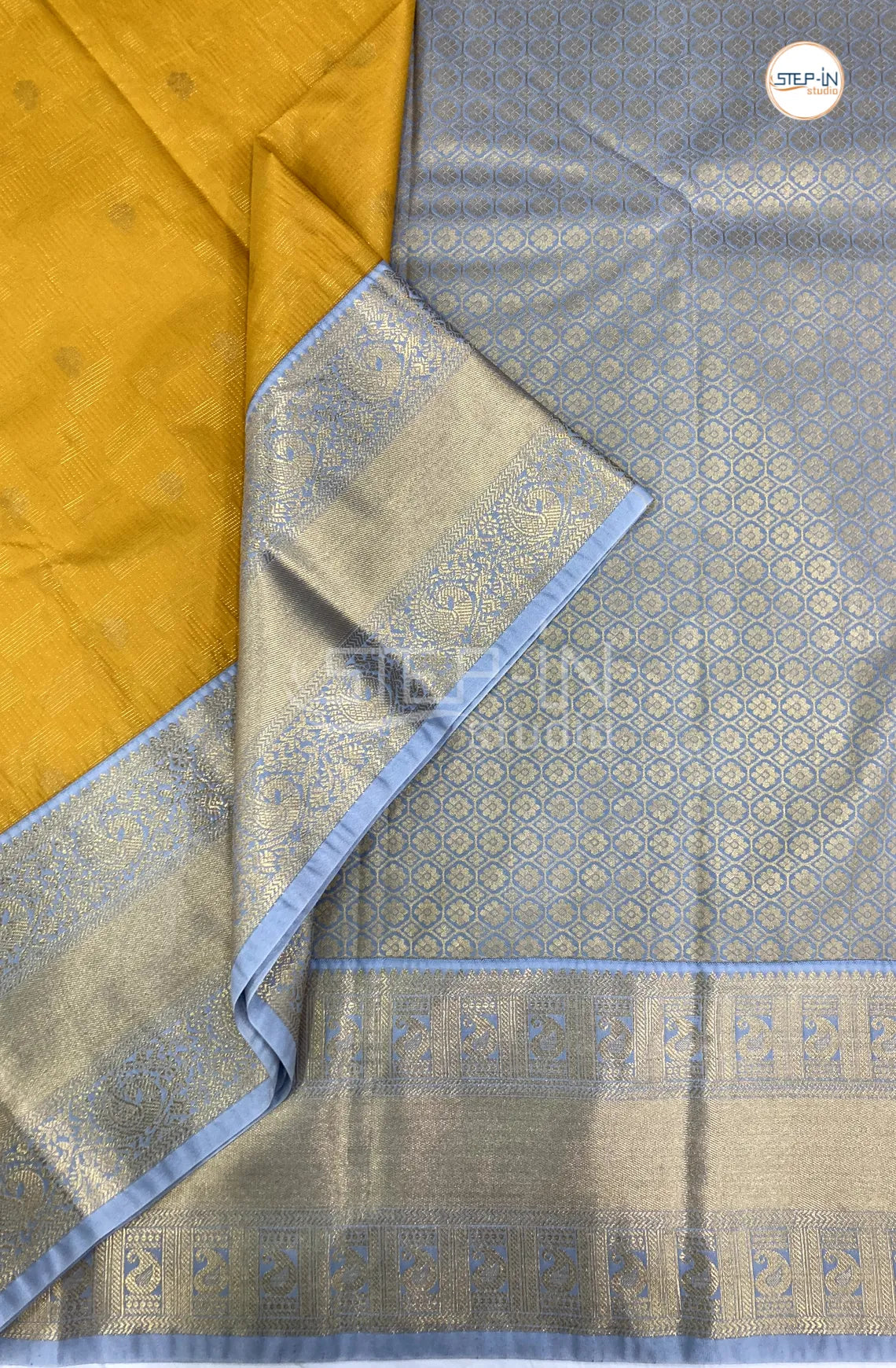 Yellow Semi Kanchi Silk Saree With Silver Grey Contrast Zari Border