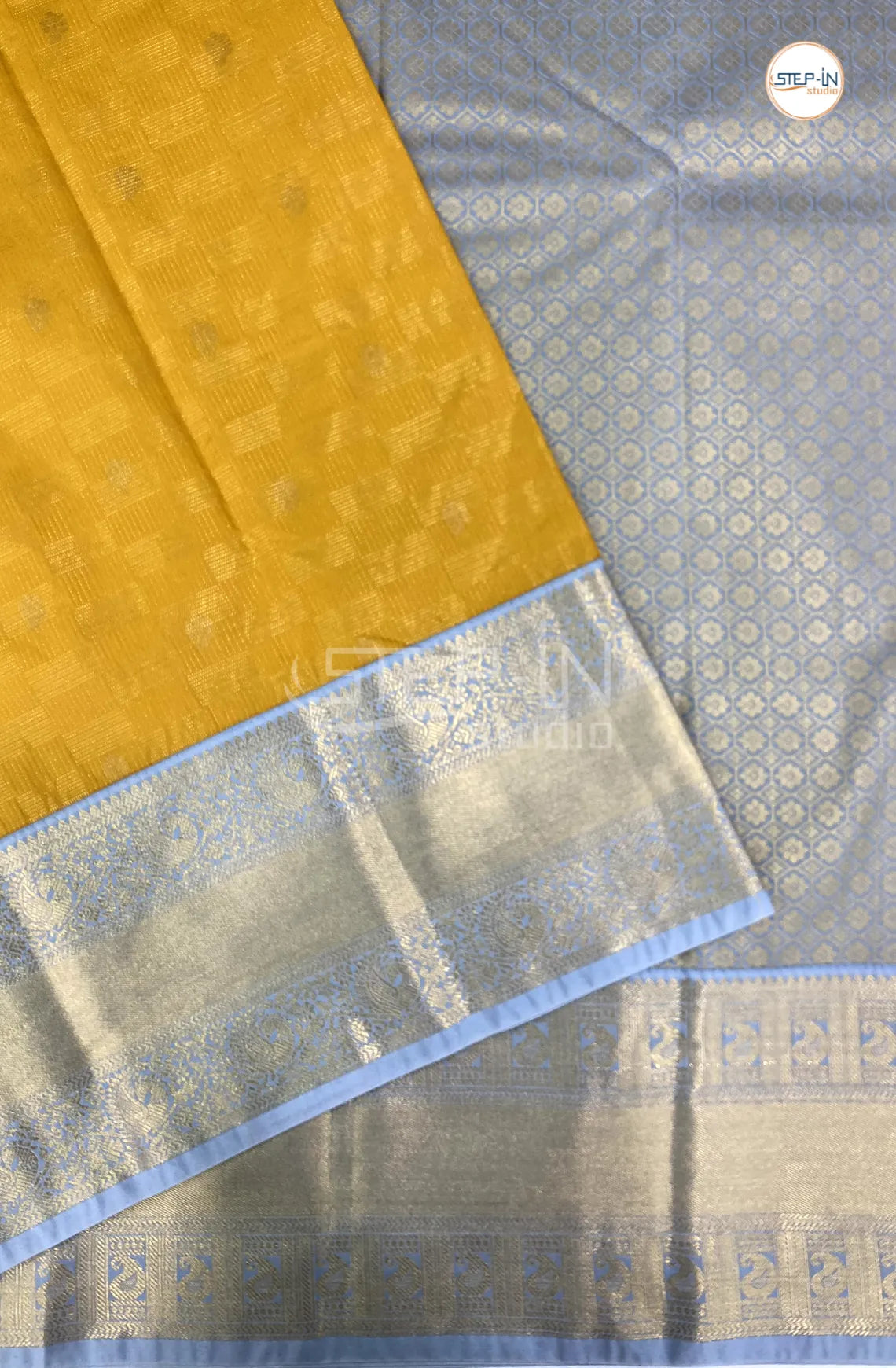 Yellow Semi Kanchi Silk Saree With Silver Grey Contrast Zari Border
