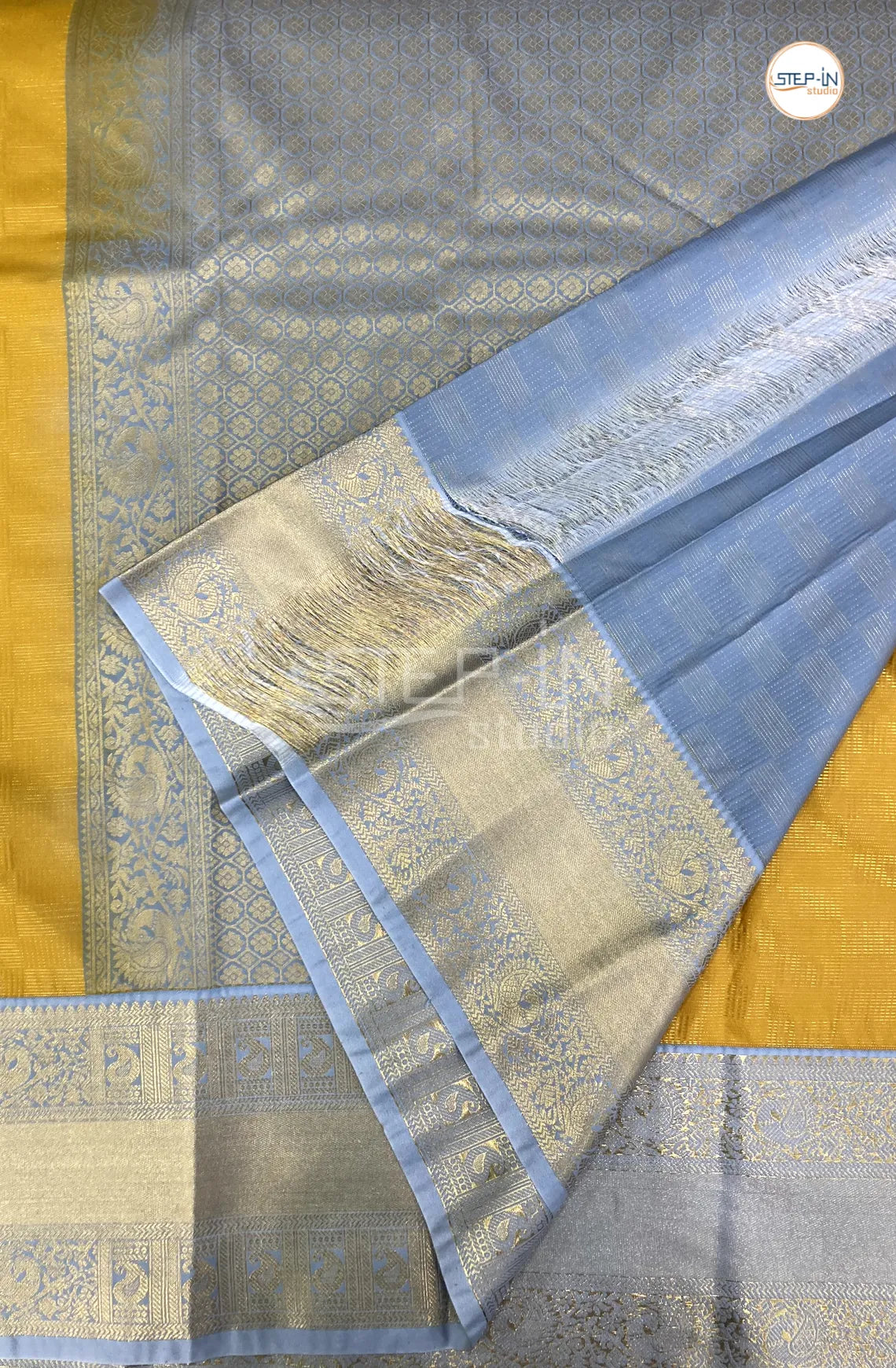 Yellow Semi Kanchi Silk Saree With Silver Grey Contrast Zari Border